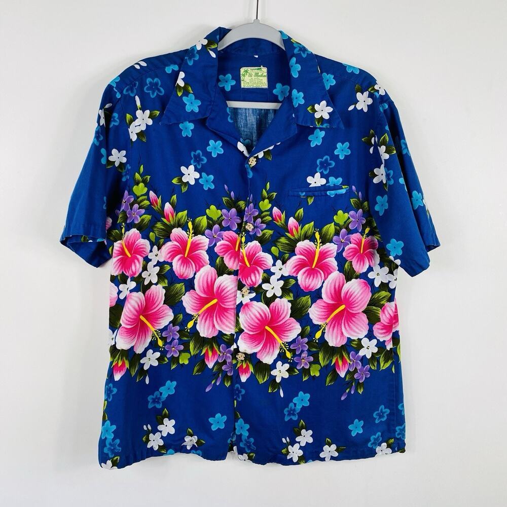 Ui-Maikai Button Shirt Vintage 1960's Tropical Hawaiian Short Sleeve Blue